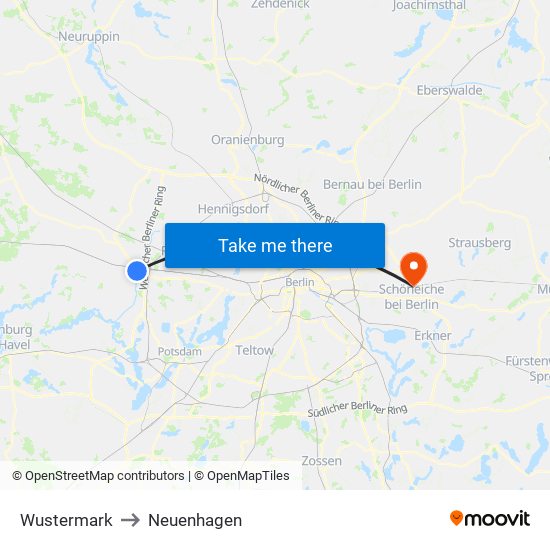 Wustermark to Neuenhagen map