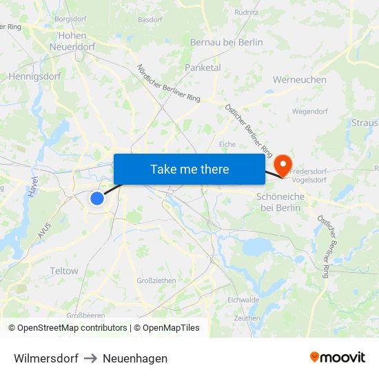 Wilmersdorf to Neuenhagen map