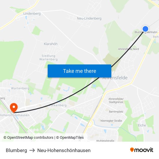 Blumberg to Neu-Hohenschönhausen map