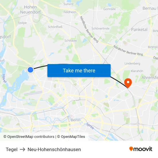 Tegel to Neu-Hohenschönhausen map