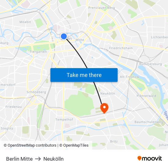 Berlin Mitte to Neukölln map