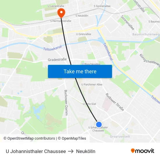 U Johannisthaler Chaussee to Neukölln map