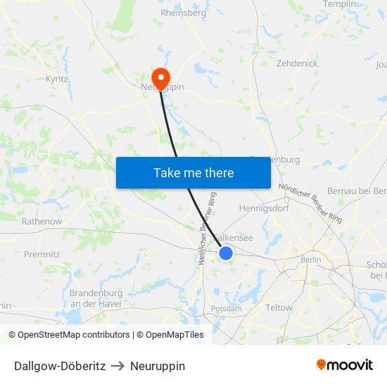 Dallgow-Döberitz to Neuruppin map