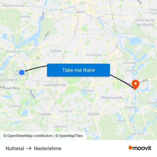 Nuthetal to Niederlehme map