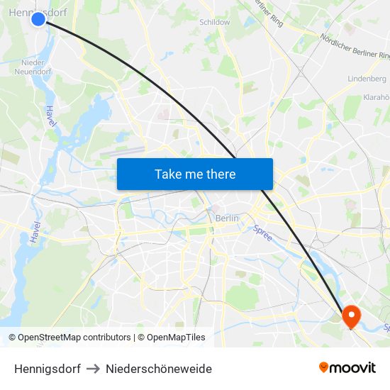 Hennigsdorf to Niederschöneweide map