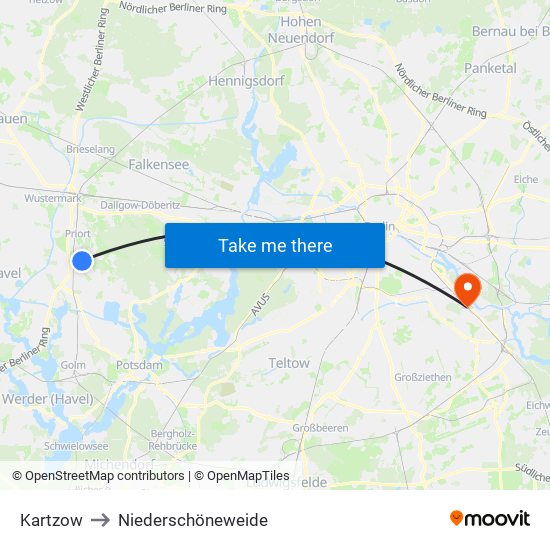 Kartzow to Niederschöneweide map