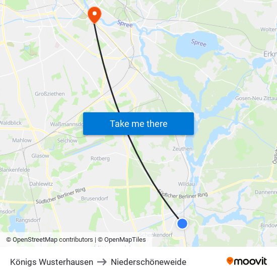 Königs Wusterhausen to Niederschöneweide map