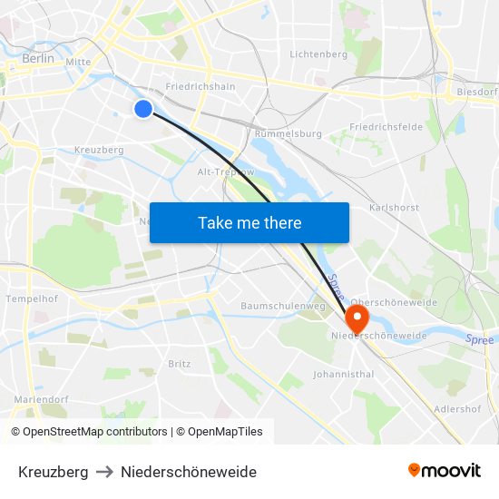 Kreuzberg to Niederschöneweide map