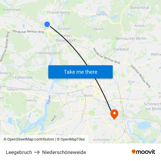 Leegebruch to Niederschöneweide map