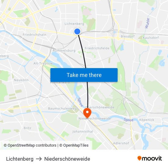 Lichtenberg to Niederschöneweide map