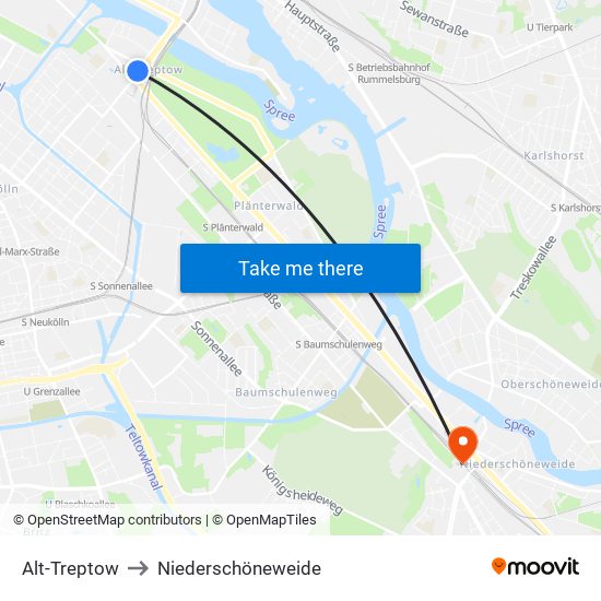Alt-Treptow to Niederschöneweide map