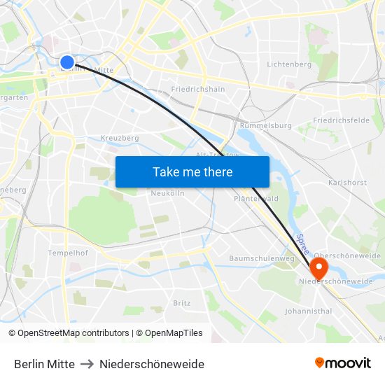 Berlin Mitte to Niederschöneweide map