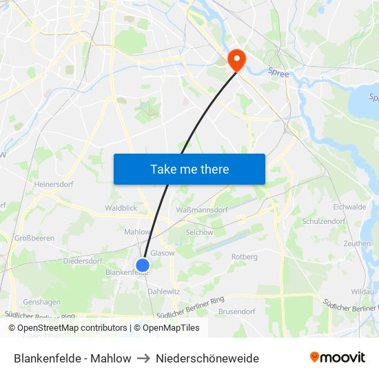 Blankenfelde - Mahlow to Niederschöneweide map