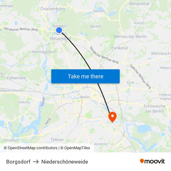 Borgsdorf to Niederschöneweide map
