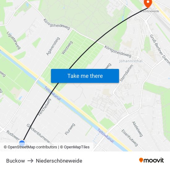 Buckow to Niederschöneweide map