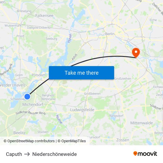 Caputh to Niederschöneweide map