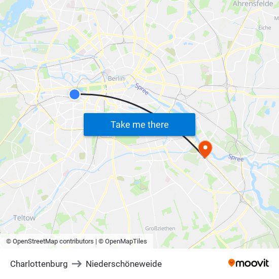Charlottenburg to Niederschöneweide map