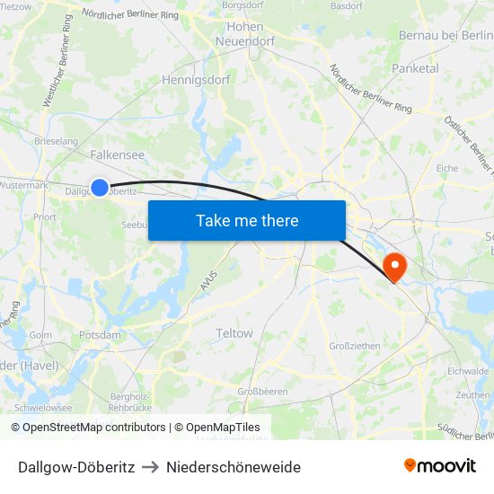 Dallgow-Döberitz to Niederschöneweide map