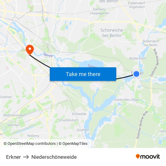 Erkner to Niederschöneweide map
