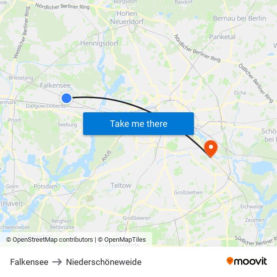 Falkensee to Niederschöneweide map