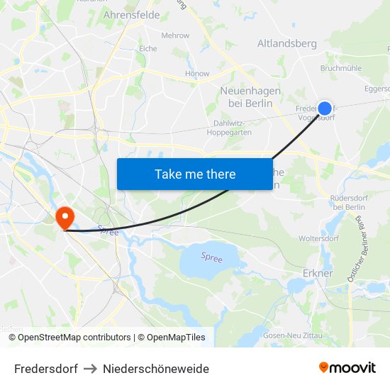 Fredersdorf to Niederschöneweide map