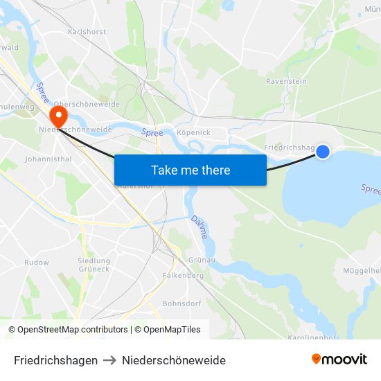 Friedrichshagen to Niederschöneweide map