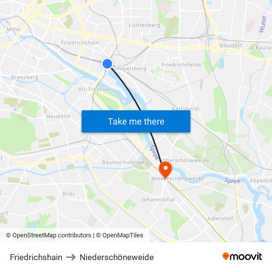 Friedrichshain to Niederschöneweide map