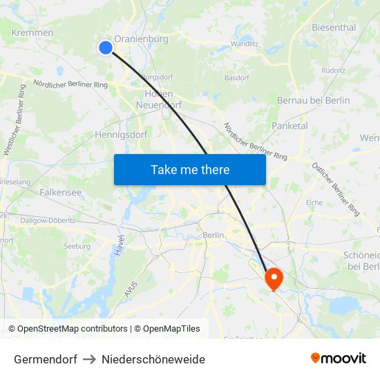 Germendorf to Niederschöneweide map