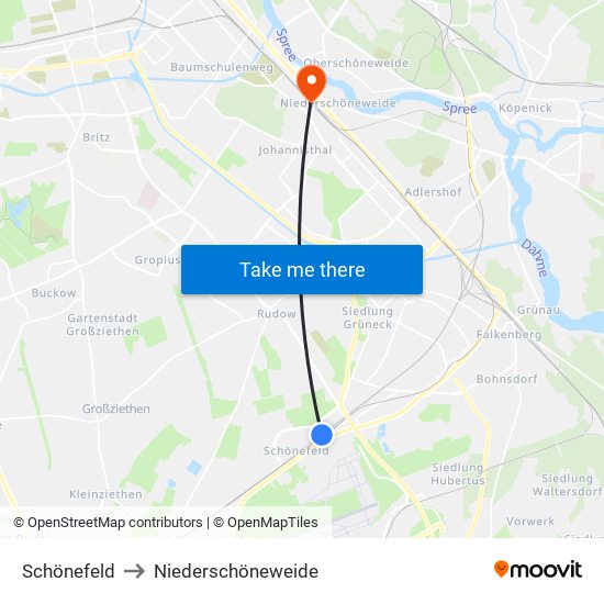 Schönefeld to Niederschöneweide map