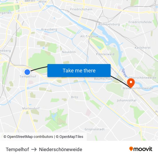 Tempelhof to Niederschöneweide map
