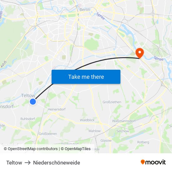 Teltow to Niederschöneweide map
