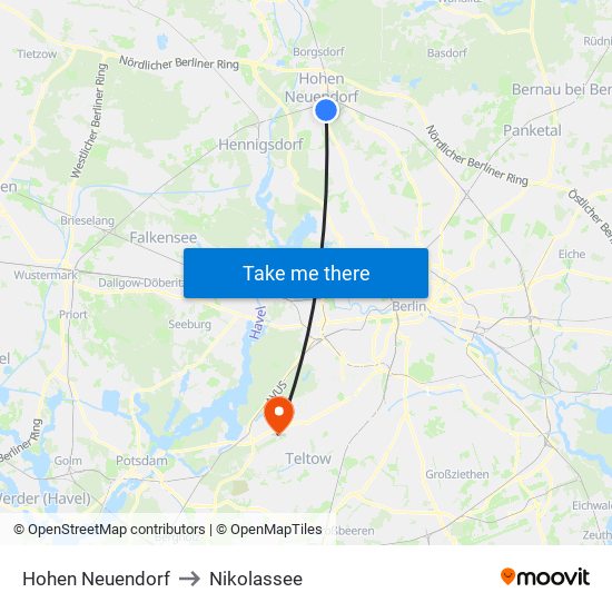 Hohen Neuendorf to Nikolassee map