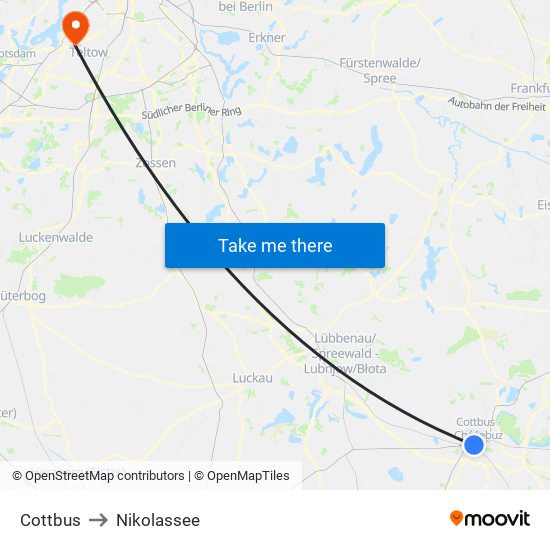 Cottbus to Nikolassee map