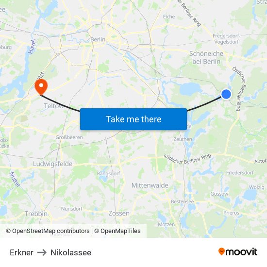 Erkner to Nikolassee map