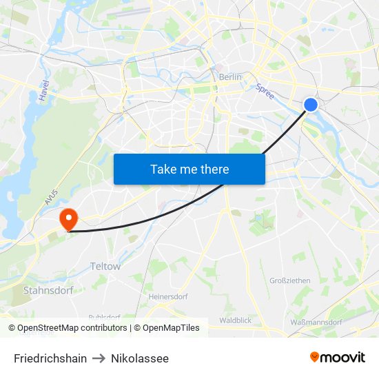 Friedrichshain to Nikolassee map