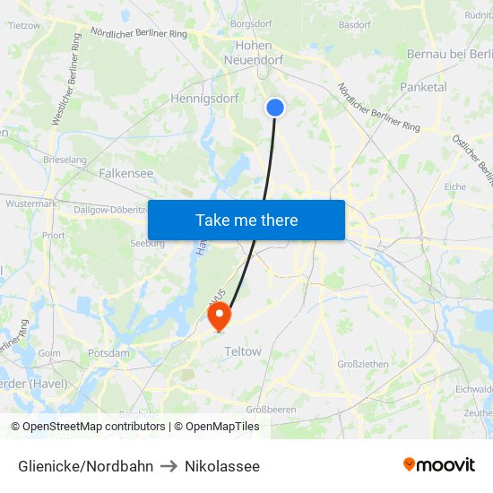 Glienicke/Nordbahn to Nikolassee map