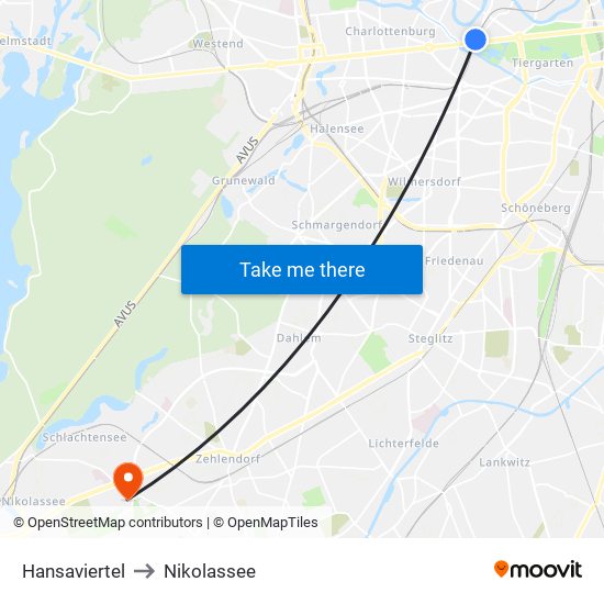 Hansaviertel to Nikolassee map