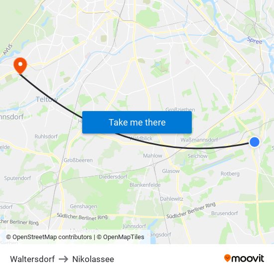 Waltersdorf to Nikolassee map