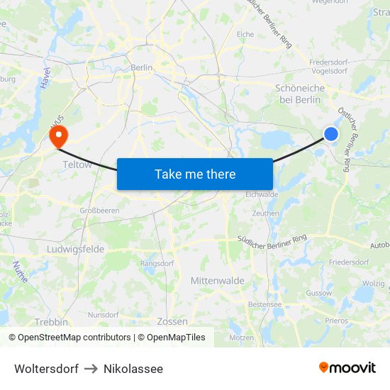 Woltersdorf to Nikolassee map