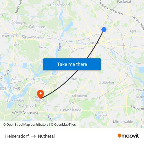 Heinersdorf to Nuthetal map