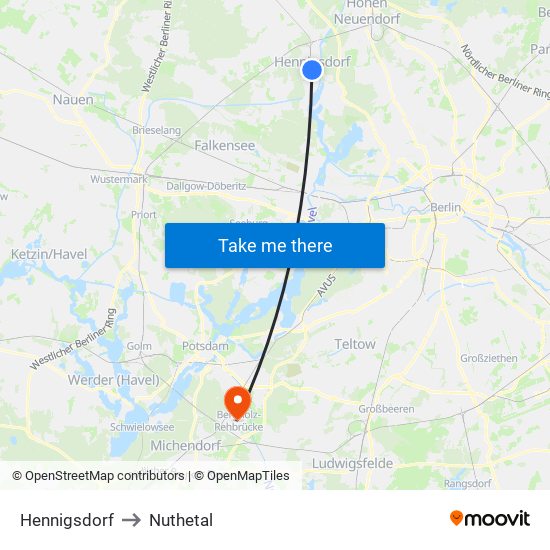 Hennigsdorf to Nuthetal map