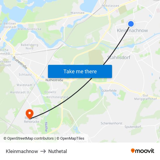 Kleinmachnow to Nuthetal map