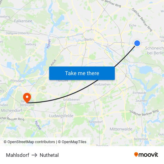 Mahlsdorf to Nuthetal map