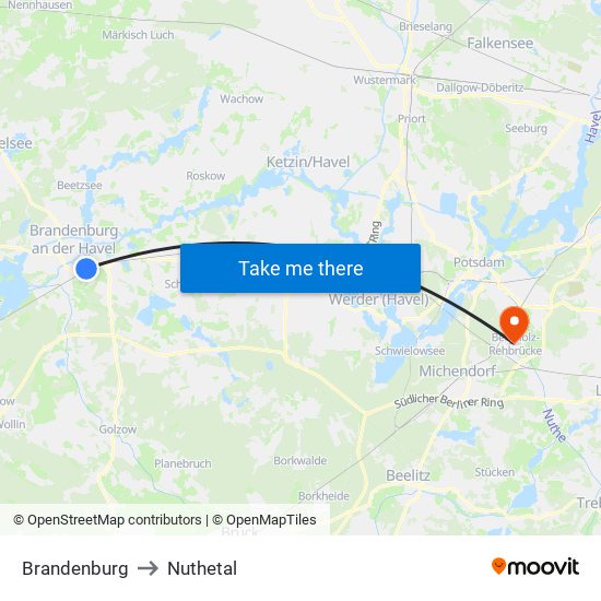 Brandenburg to Nuthetal map