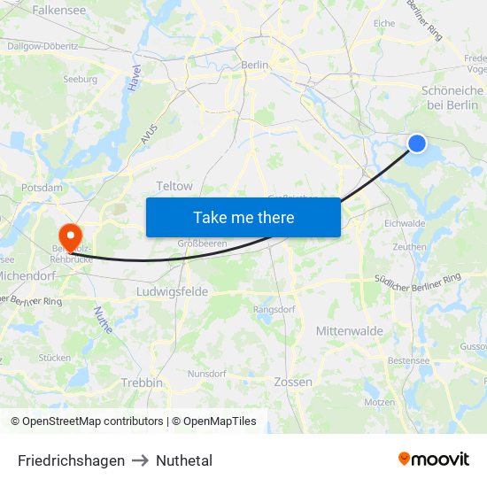 Friedrichshagen to Nuthetal map