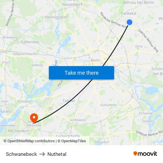 Schwanebeck to Nuthetal map