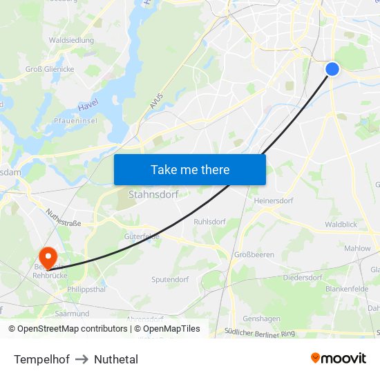 Tempelhof to Nuthetal map