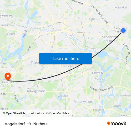 Vogelsdorf to Nuthetal map