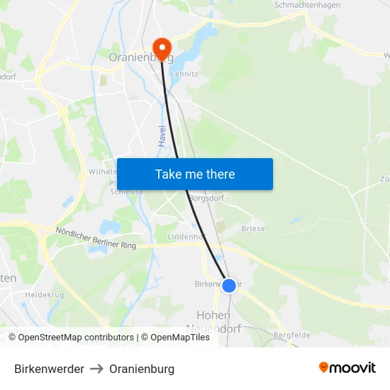Birkenwerder to Oranienburg map
