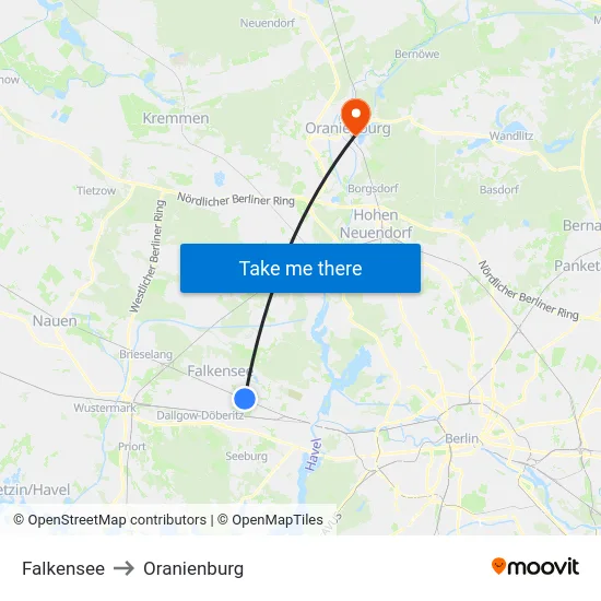 Falkensee to Oranienburg map